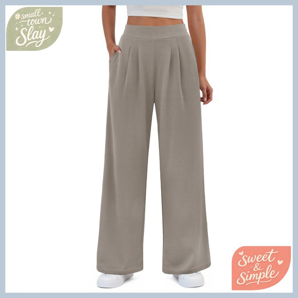 High Waist Wide Leg Palazzo Pants with Pockets, Stretch Polyester Blend